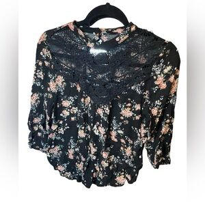 A. Byer Black Floral Ruffled Bib Collar Blouse